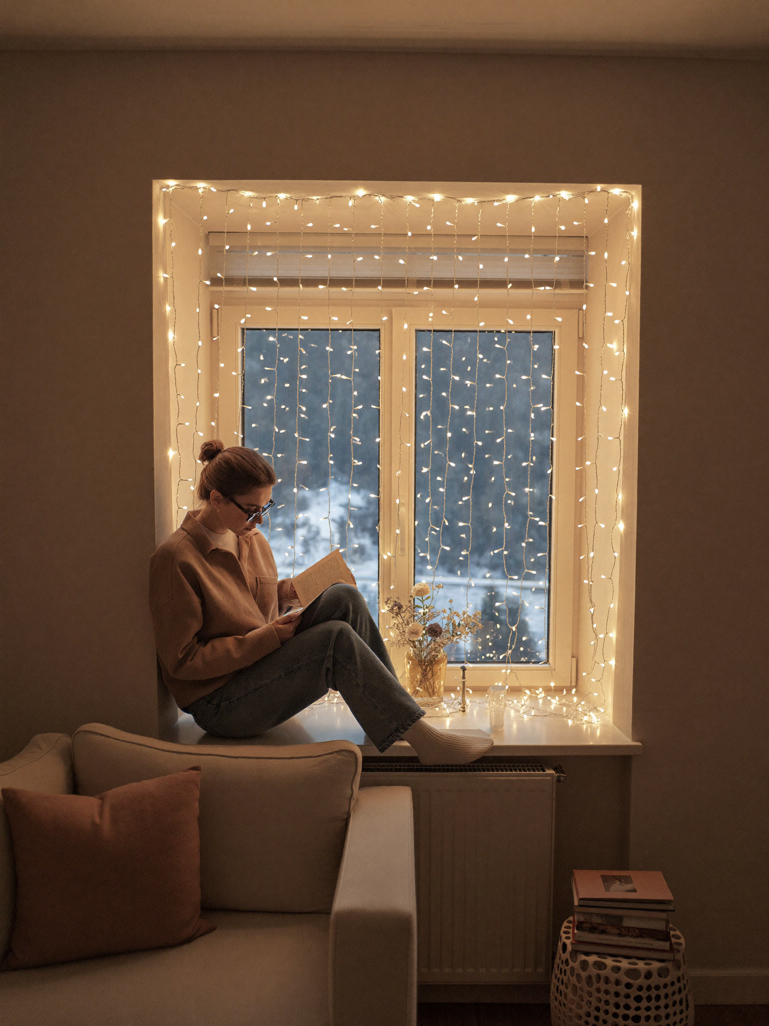 Person relaxing at home with Lume fairy lights