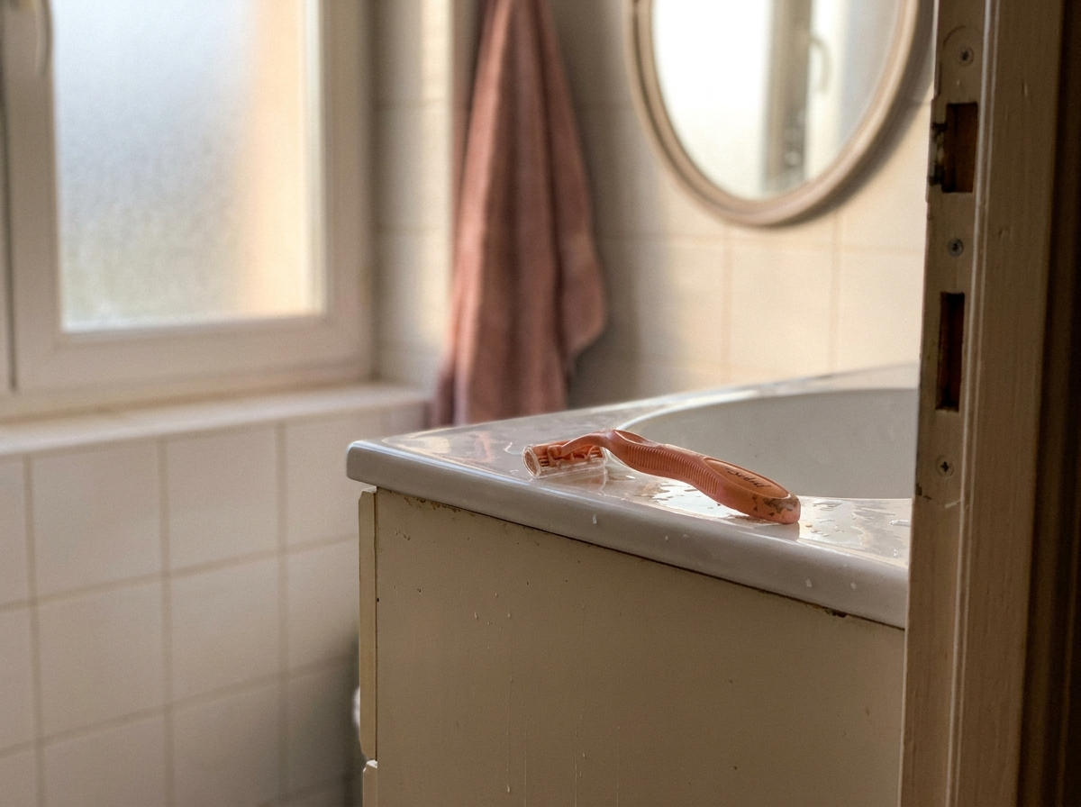 Salle de bain de Marine — Lyon, 7h12 du matin, avec son rasoir Bic Soleil posé sur le rebord du lavabo