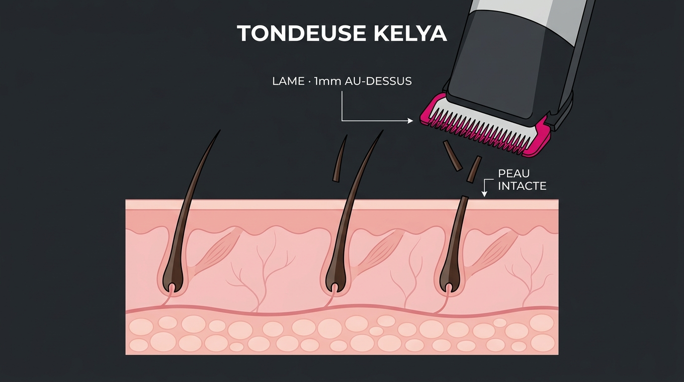 Schéma : tondeuse Kelya qui coupe le poil 1mm au-dessus de la peau, sans irritation