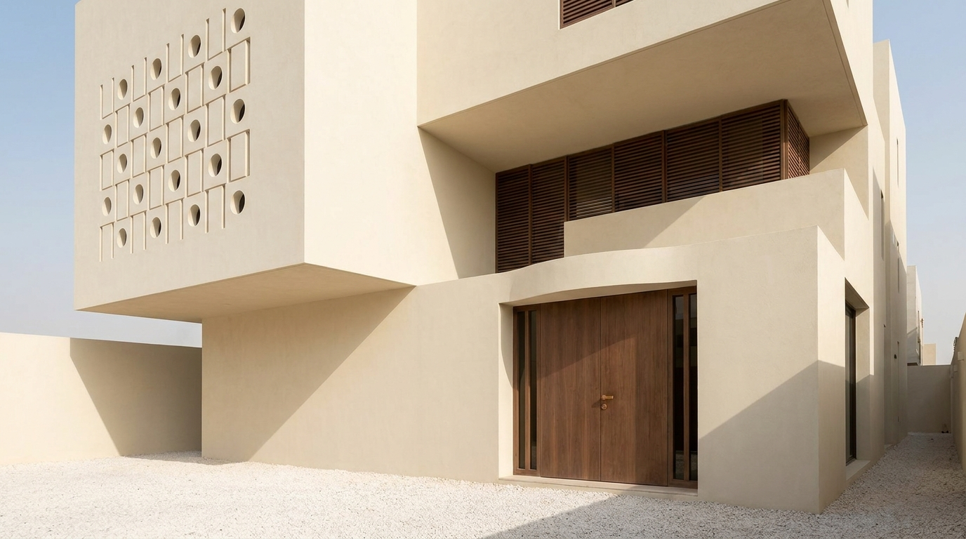 Contemporary Hejazi architecture — articulated limestone mass with carved circular apertures, Jeddah