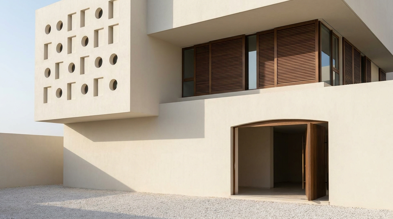 10.01 Residential villa — articulated limestone volumes with recessed apertures