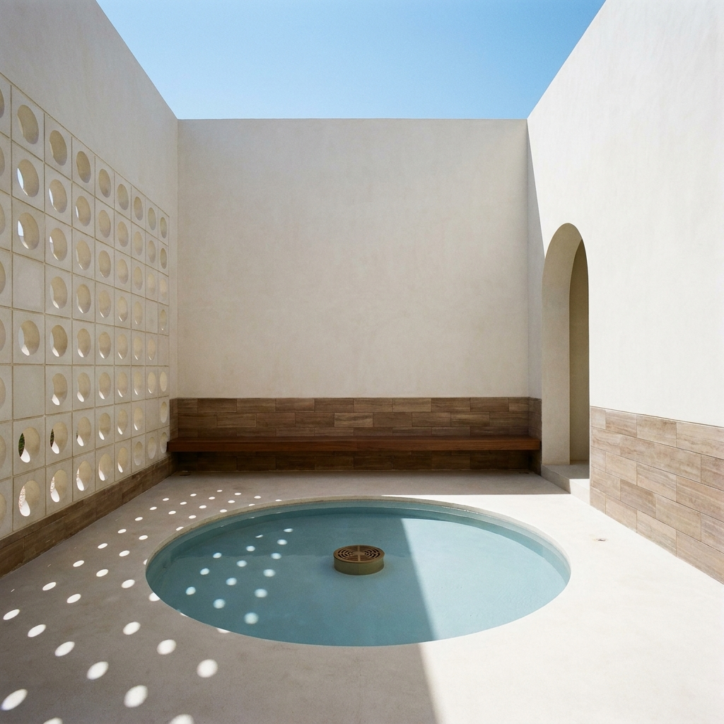 Courtyard void — the carved 0 element in lime render, Faded Verdigris water feature