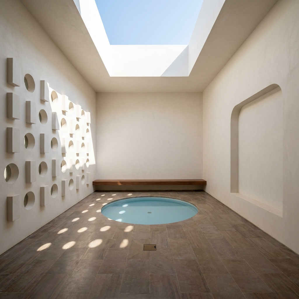 Courtyard void — circular aperture carved into limestone mass