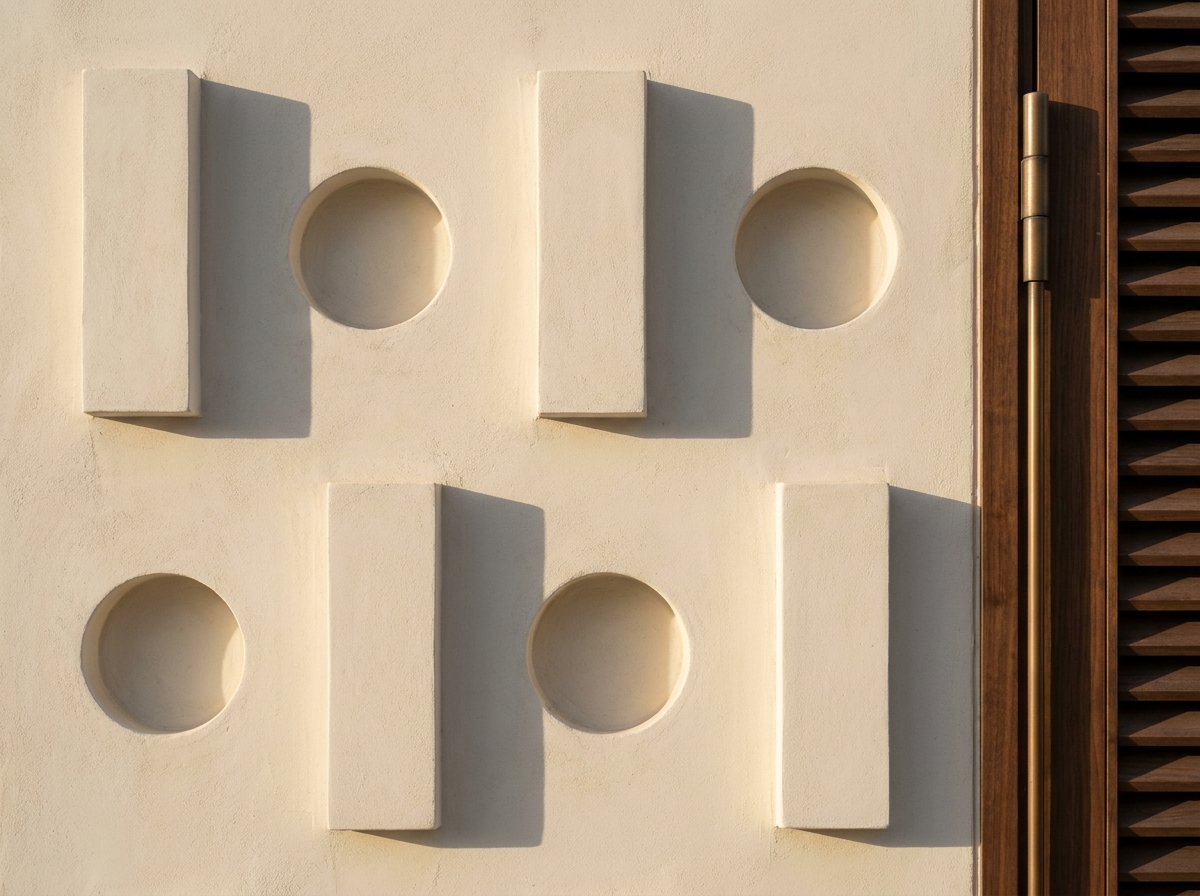 Detail — bronze screen lattice with circular apertures over coral limestone