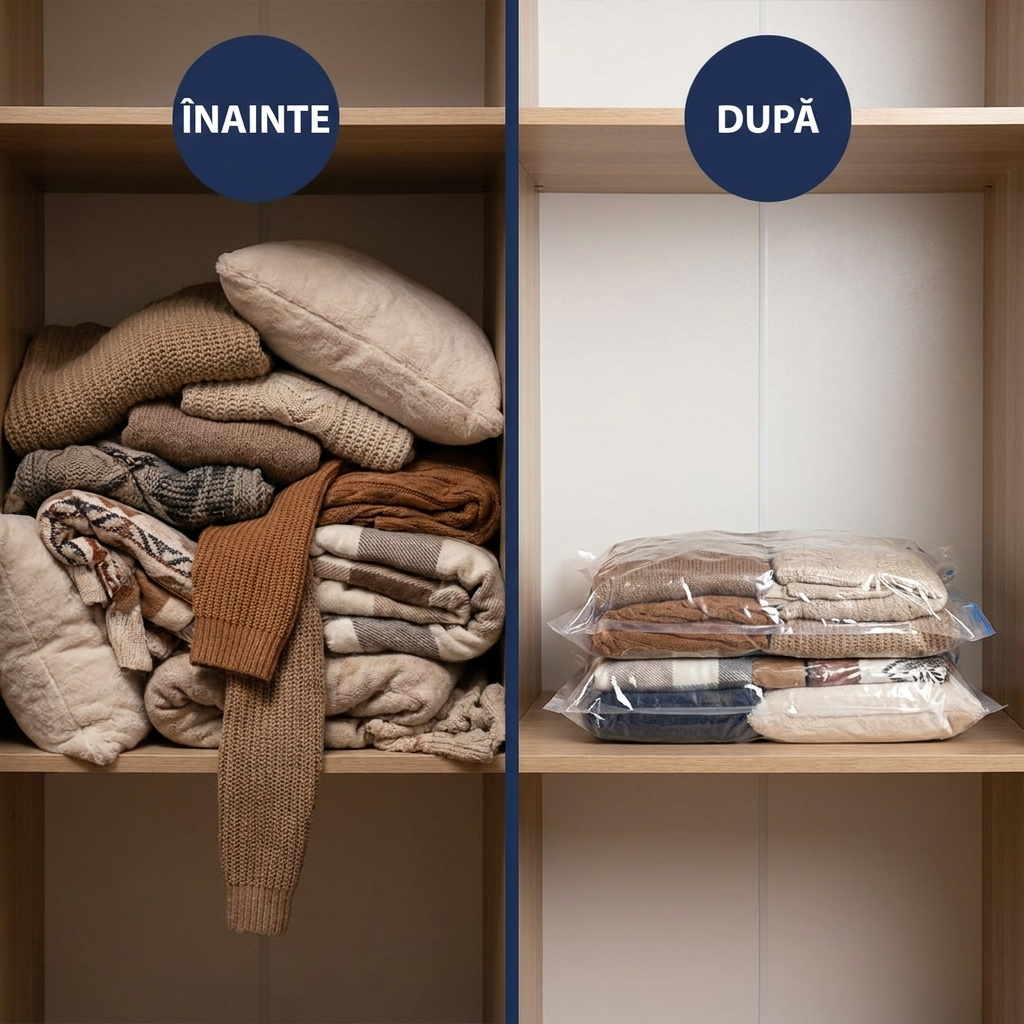 Comparație înainte și după folosirea SaciVid: dulap dezordonat versus dulap organizat