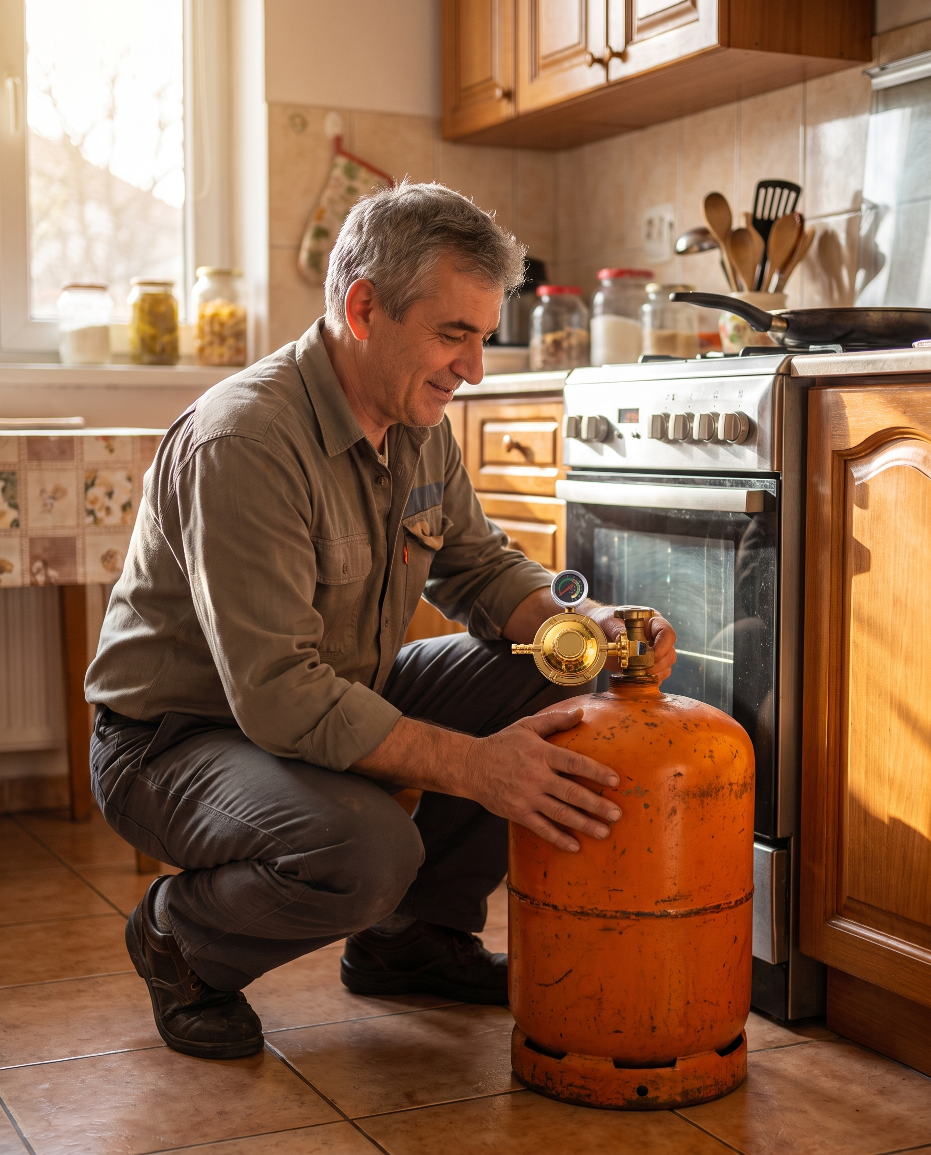 Bărbat verificând calm manometrul anti-explozie montat la butelia din bucătărie