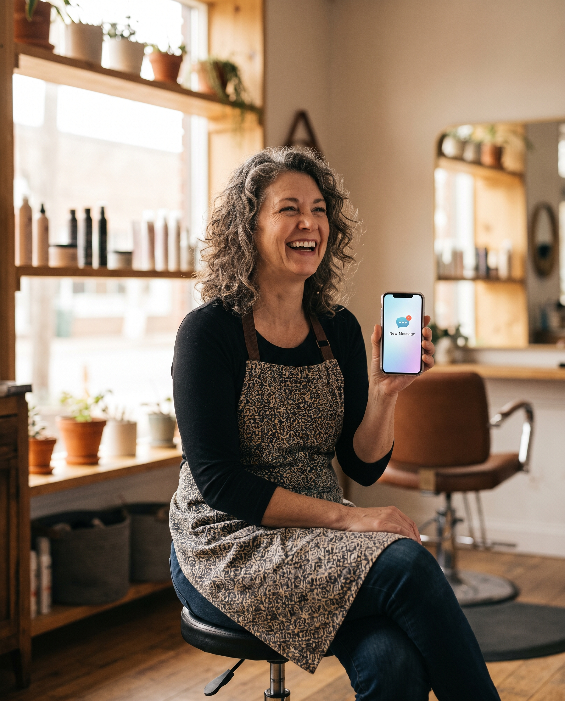 Dueña de un negocio local revisando su móvil, sonriendo