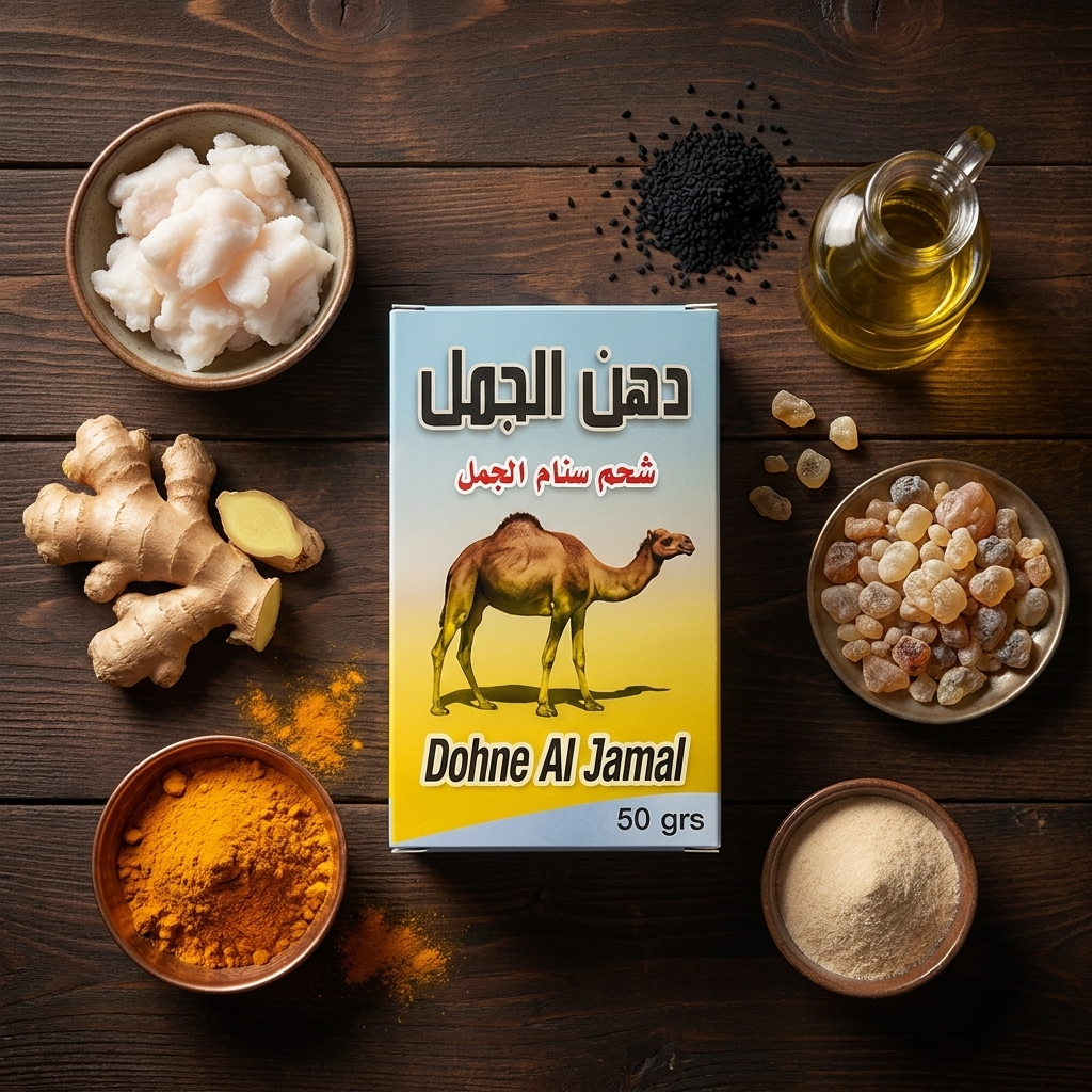 مكونات دهن الجمل: شحم سنام الجمل، زنجبيل، كركم، حبة البركة، زيت زيتون، لبان ذكر، كولاجين