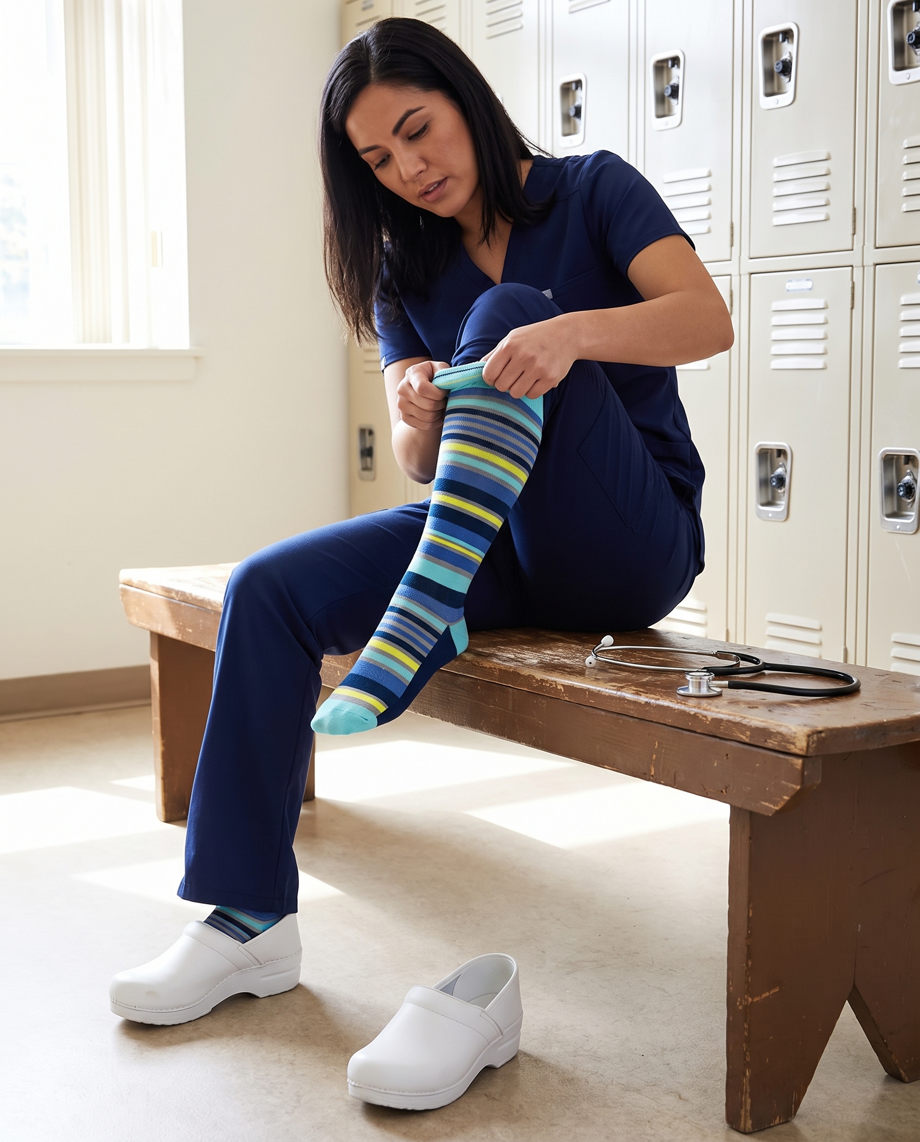 Nurse in scrubs putting on Dr. Johnny's striped navy compression socks before a shift