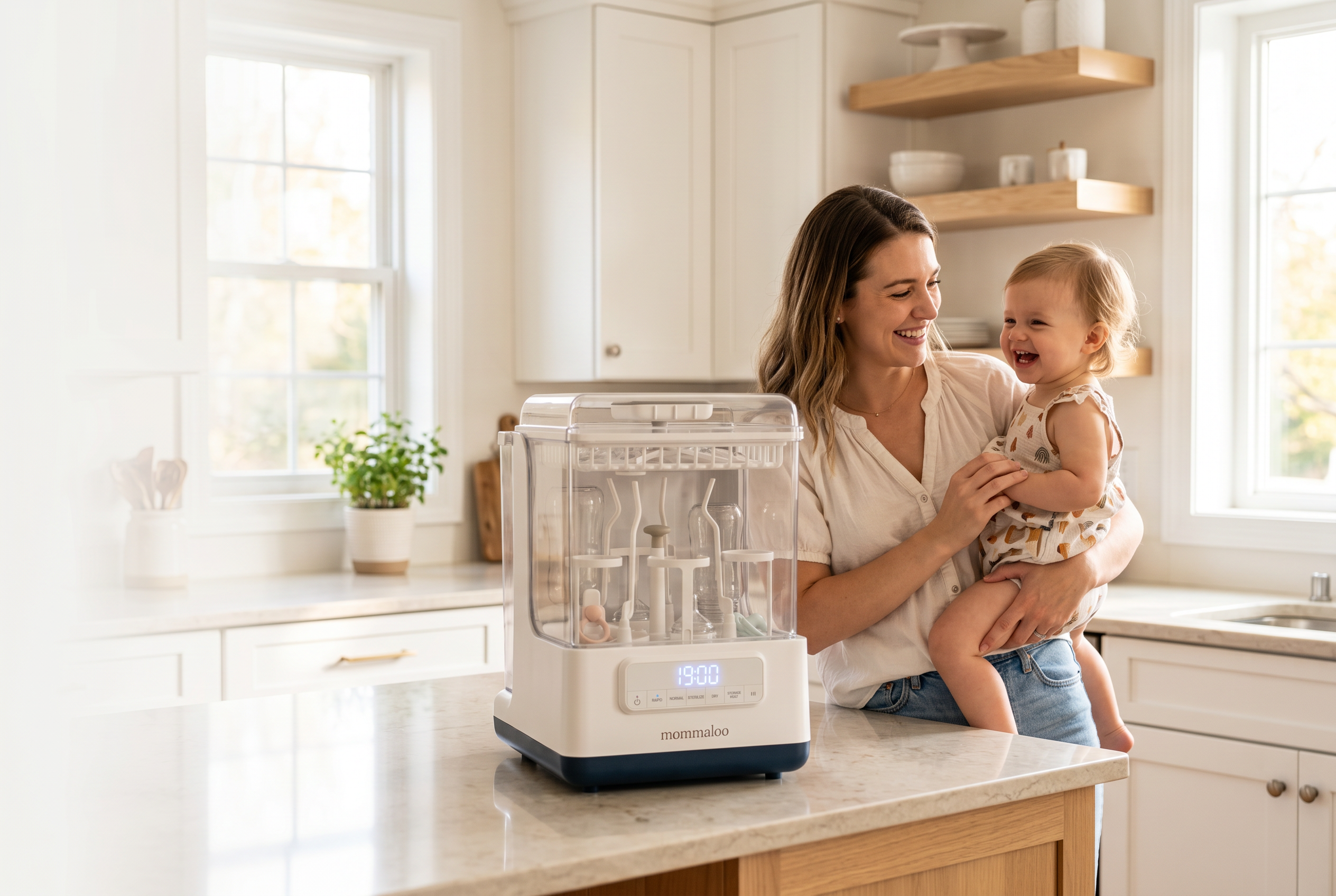 Mom and toddler with the Mommaloo in a bright kitchen