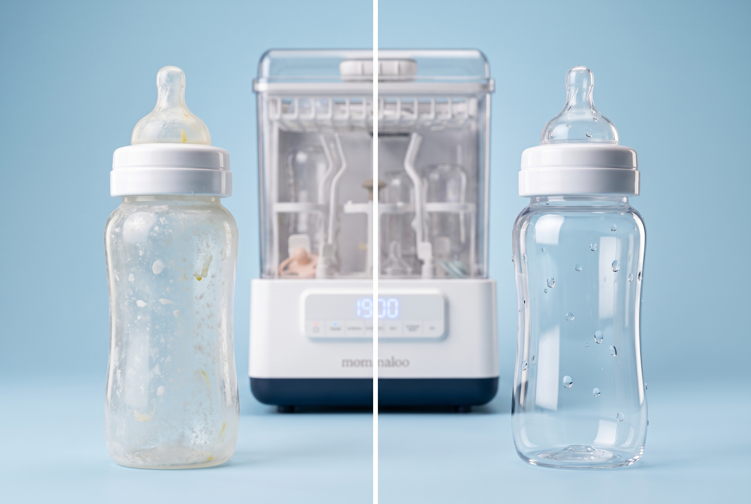 A cloudy hard-water bottle beside a crystal-clear filtered one