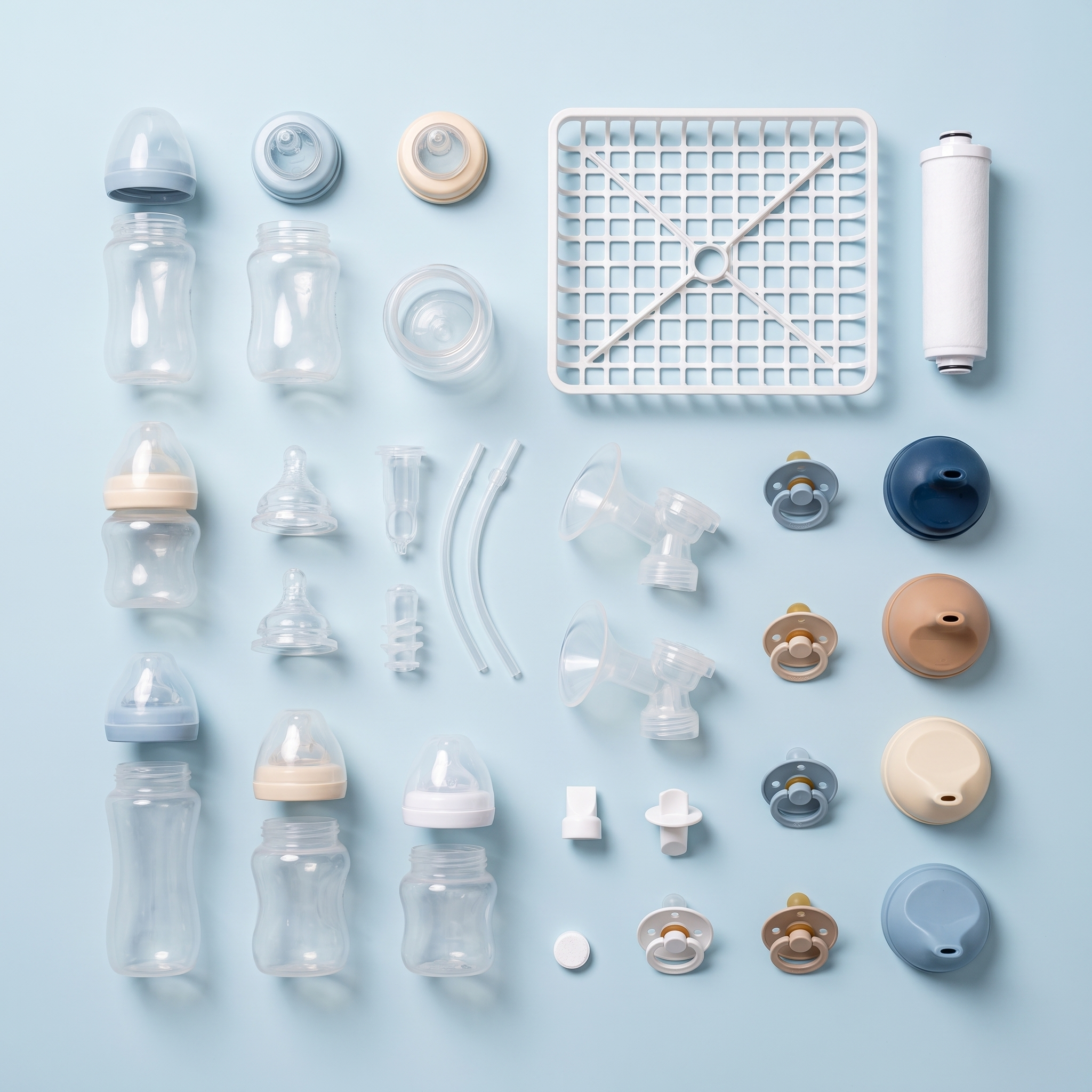 Everything the Mommaloo washes — bottles, nipples, pump parts, pacifiers