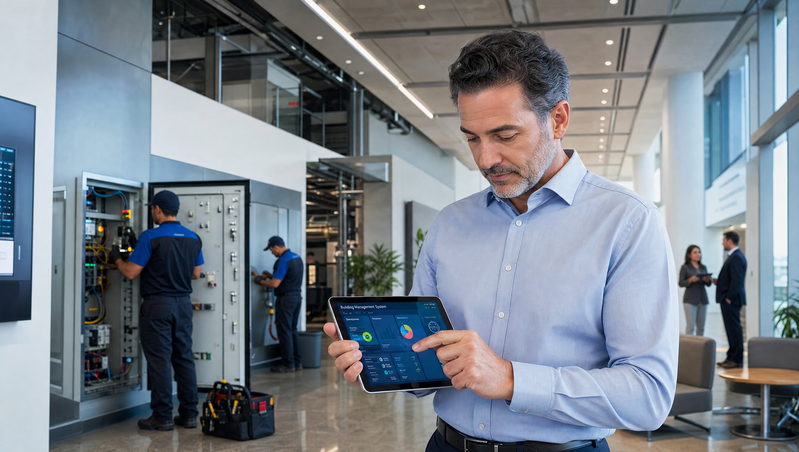 CEG facility manager reviewing building management dashboard