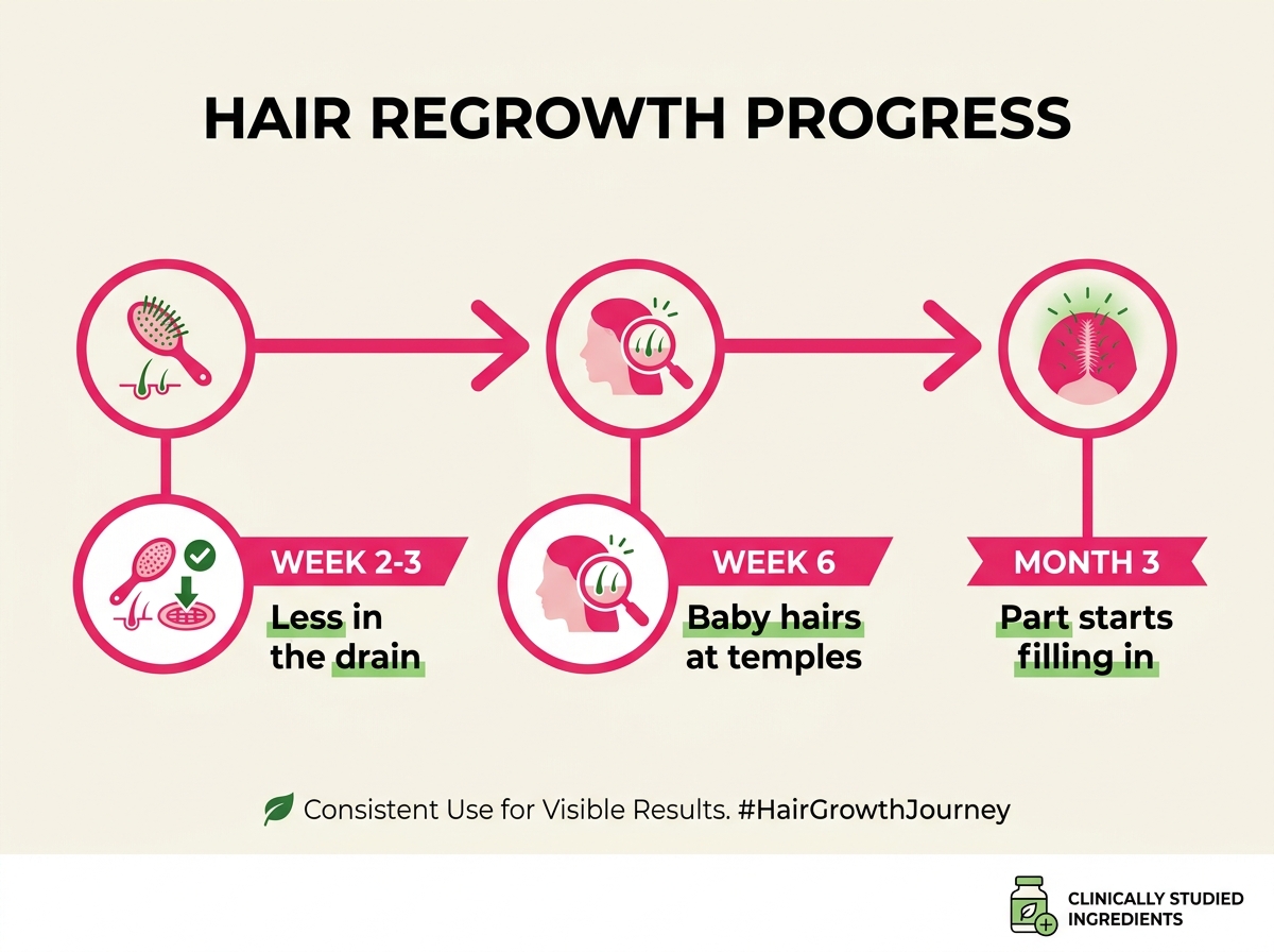 Timeline showing Week 2 less shedding, Week 6 baby hairs, Month 3 fuller part