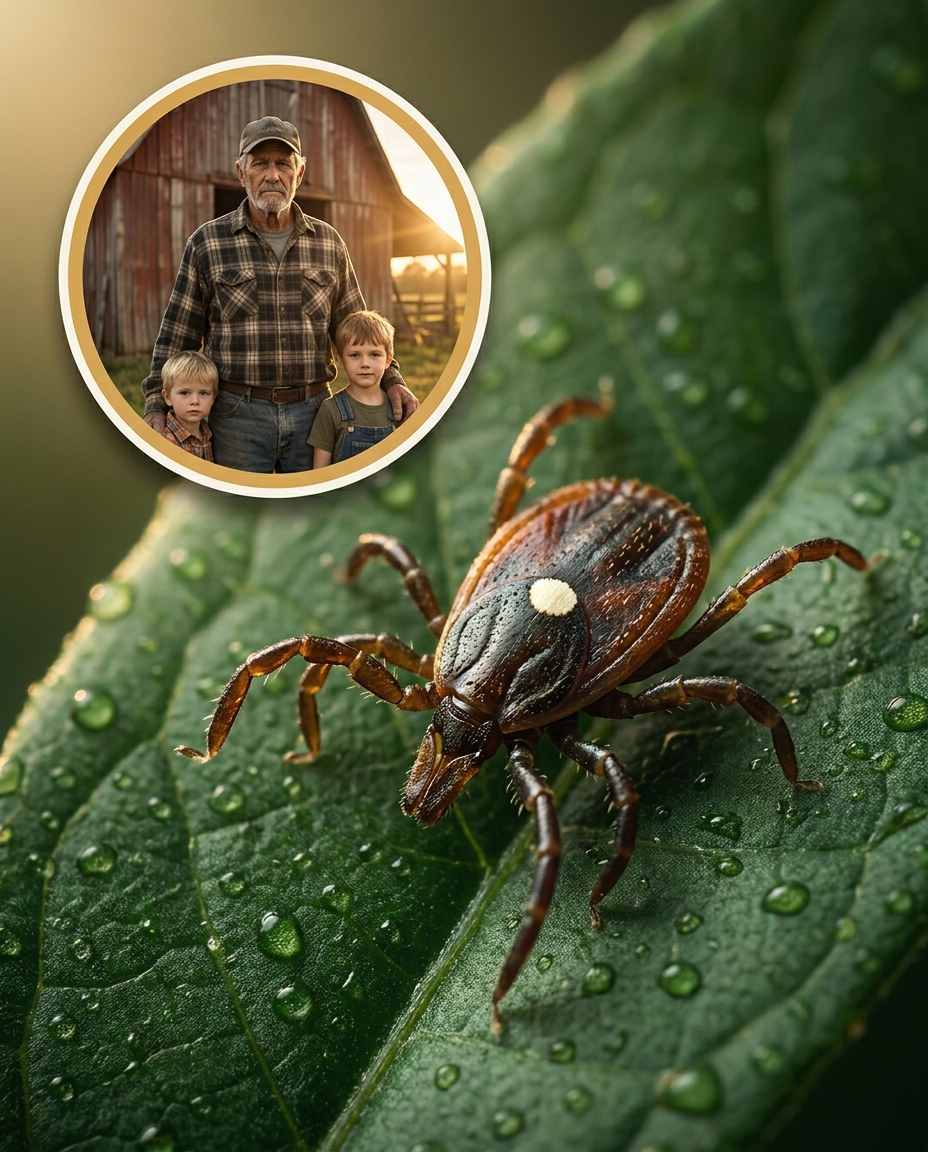Lone Star tick on green leaf, with farmer and grandchildren inset