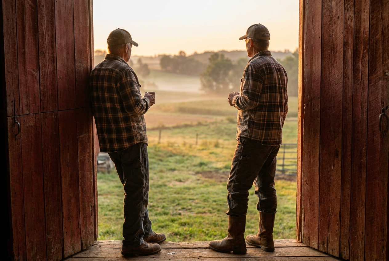 Farmer at barn doorway looking out at his land at sunrise