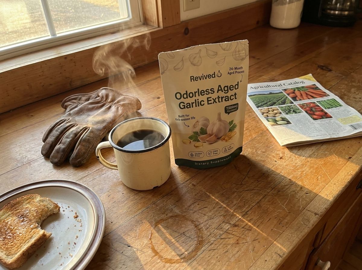 Revived Aged Garlic pouch on farm kitchen counter, morning coffee