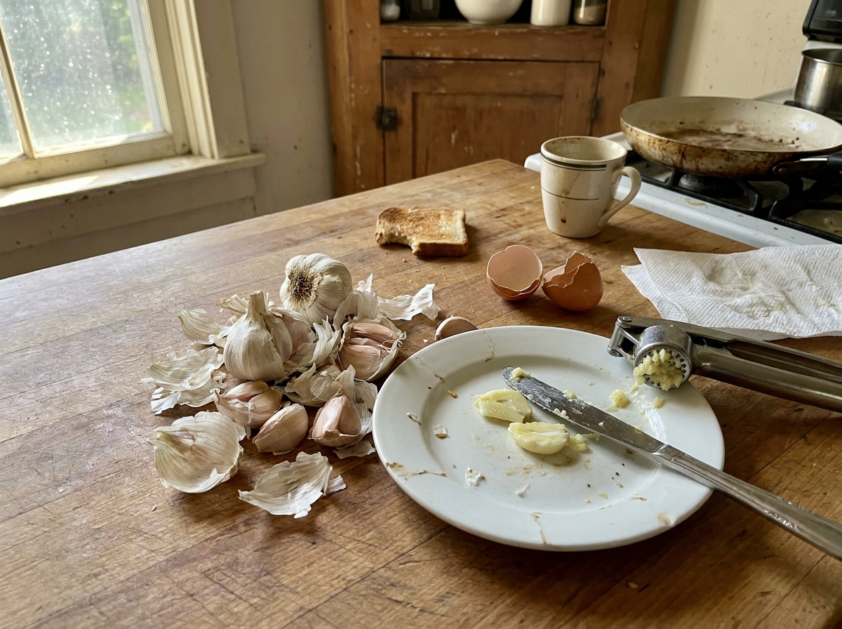 Crushed raw garlic and eggshells on a farm kitchen counter