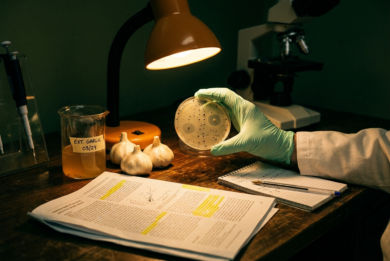 Lab benchtop with petri dish and printed study