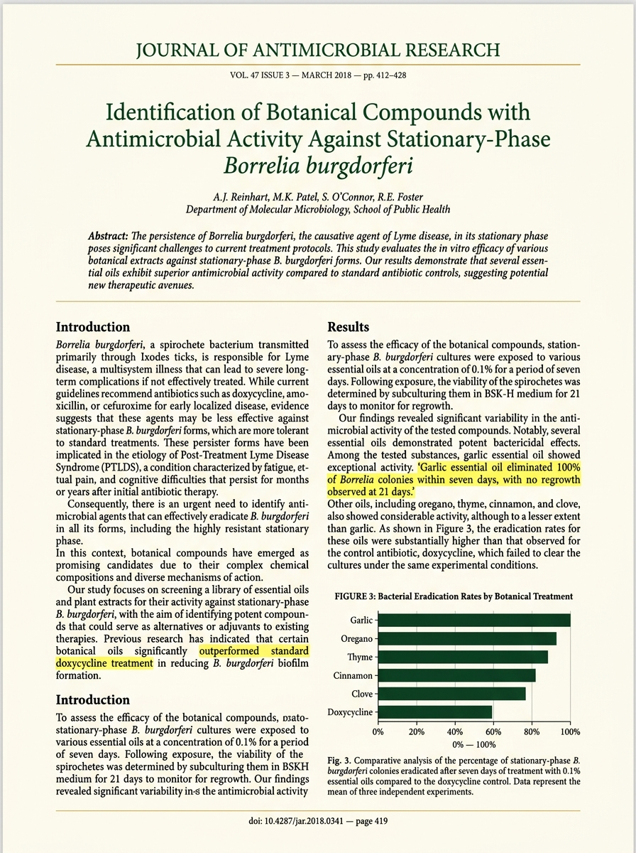 Peer-reviewed 2018 academic journal article showing garlic eliminated 100% of Borrelia bacteria