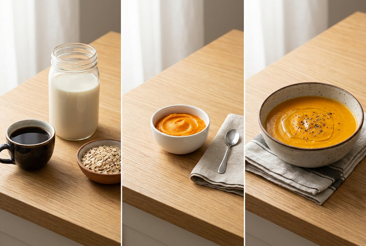 Triptyque lait avoine puree velout potiron