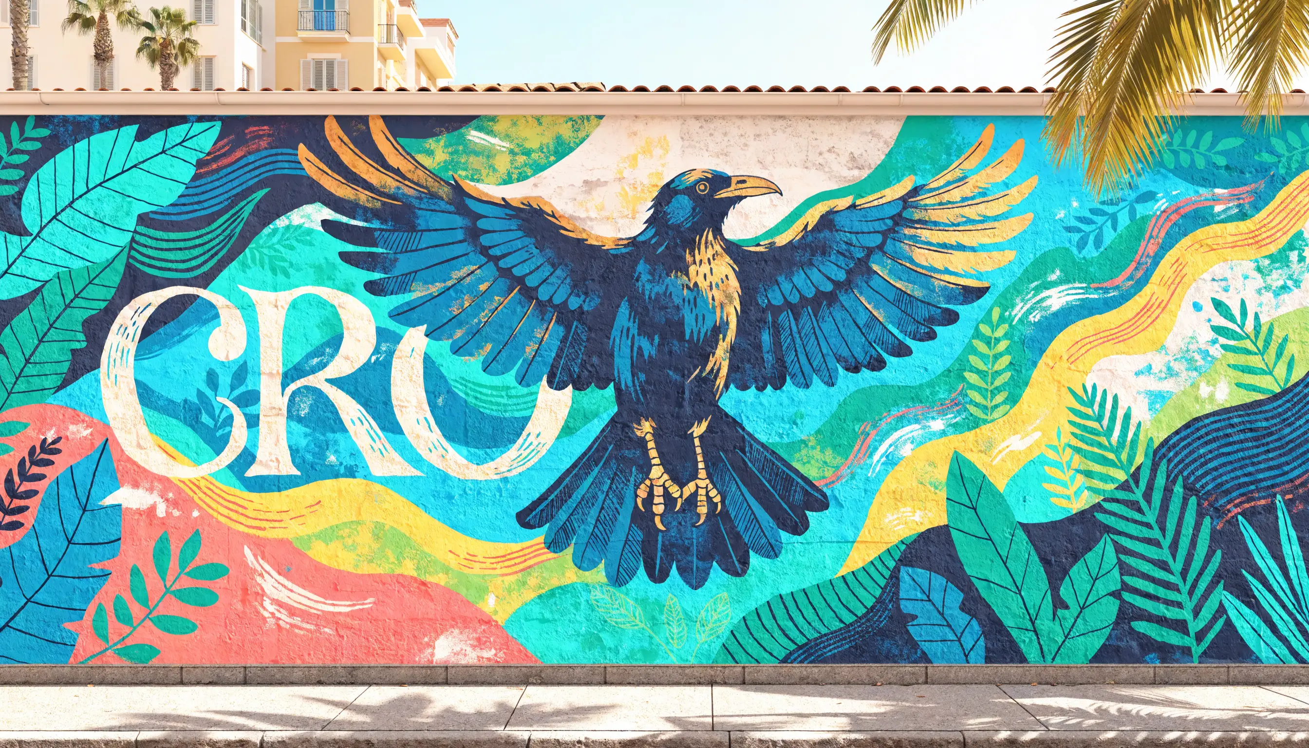 Exterior street mural concept featuring a crow in flight with tropical foliage and ocean waves