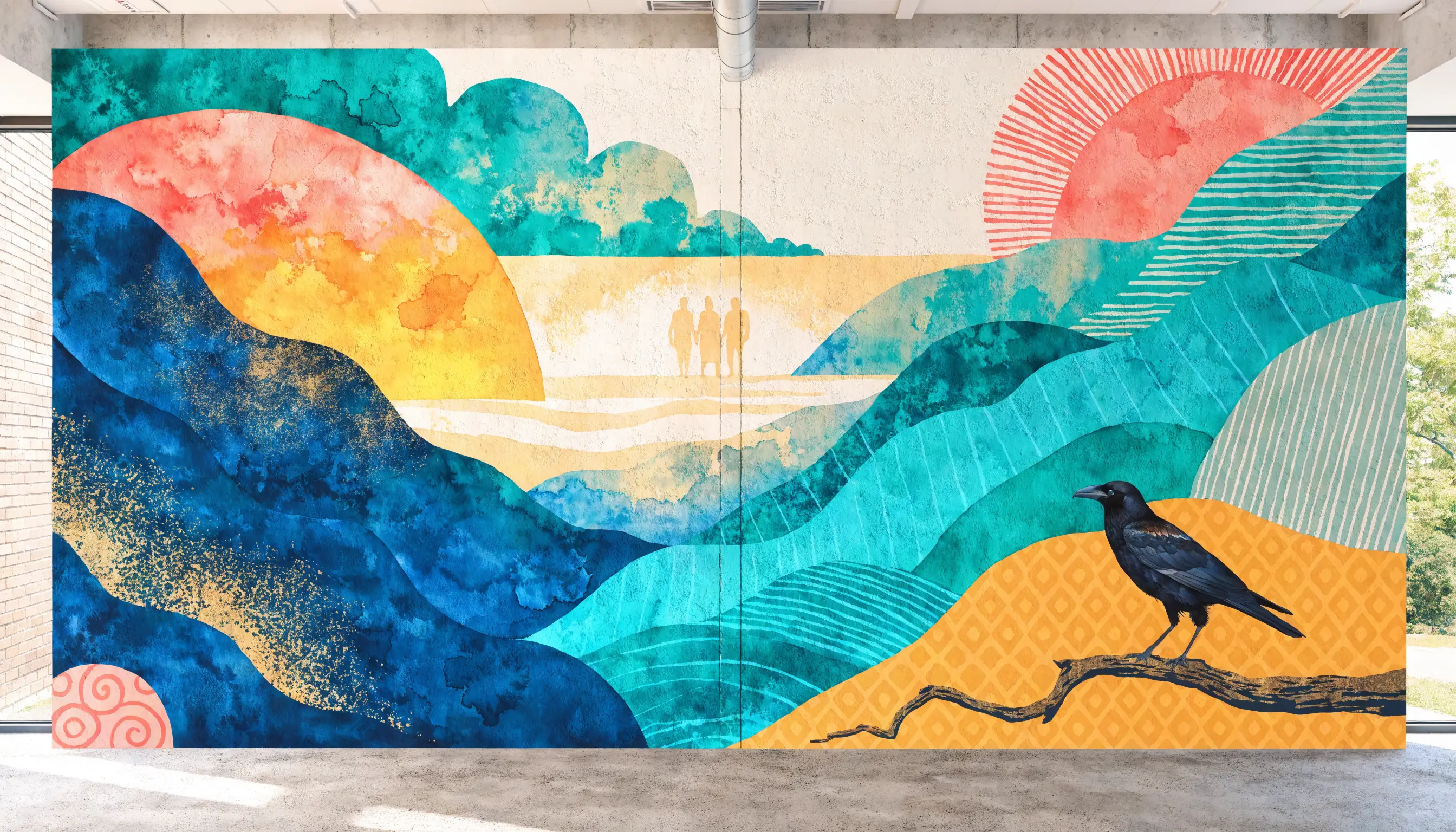 Interior community mural variation with similar ocean and sunrise motifs