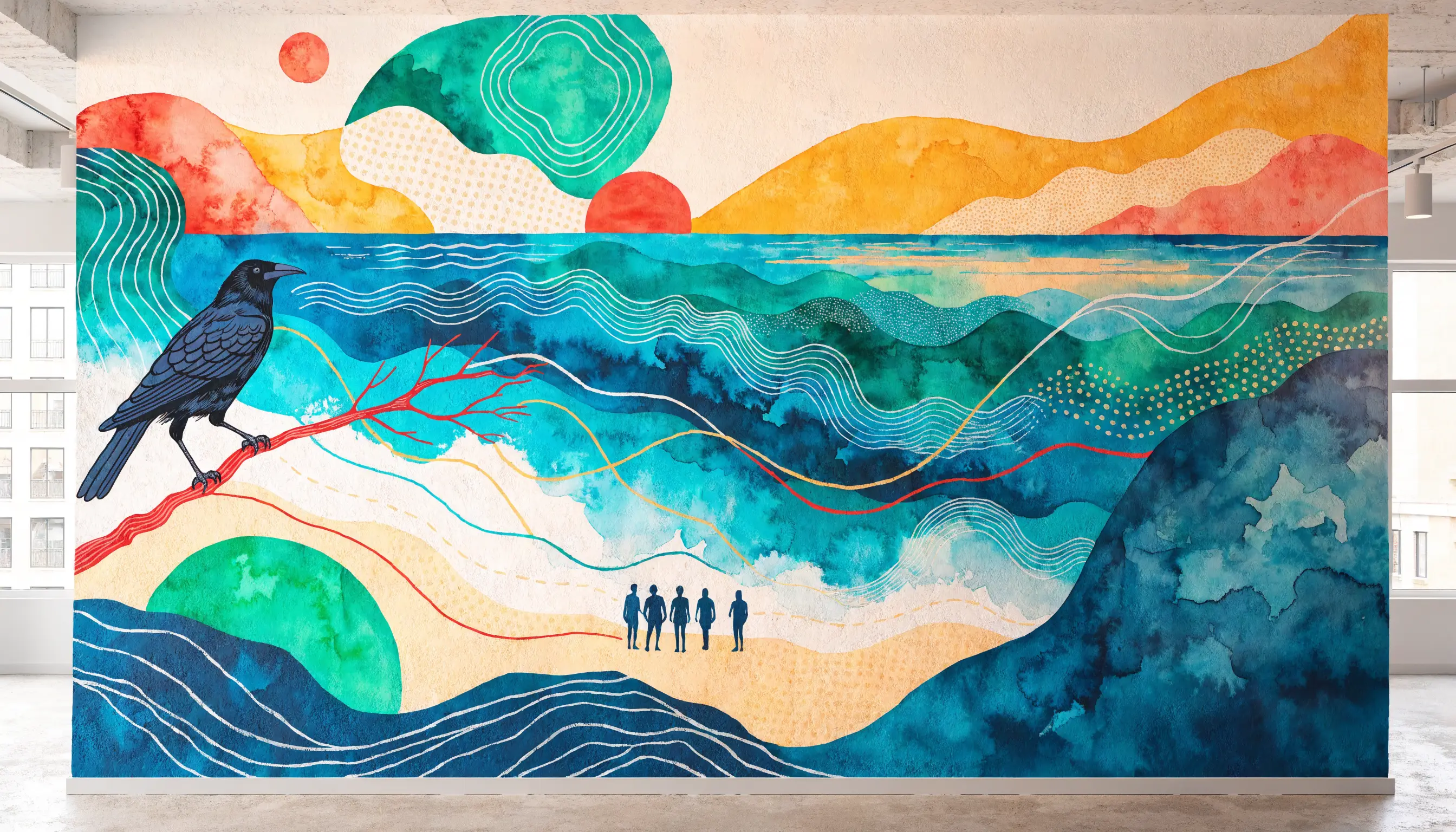 Interior community mural with ocean waves, sunrise, and silhouettes of people on a shoreline