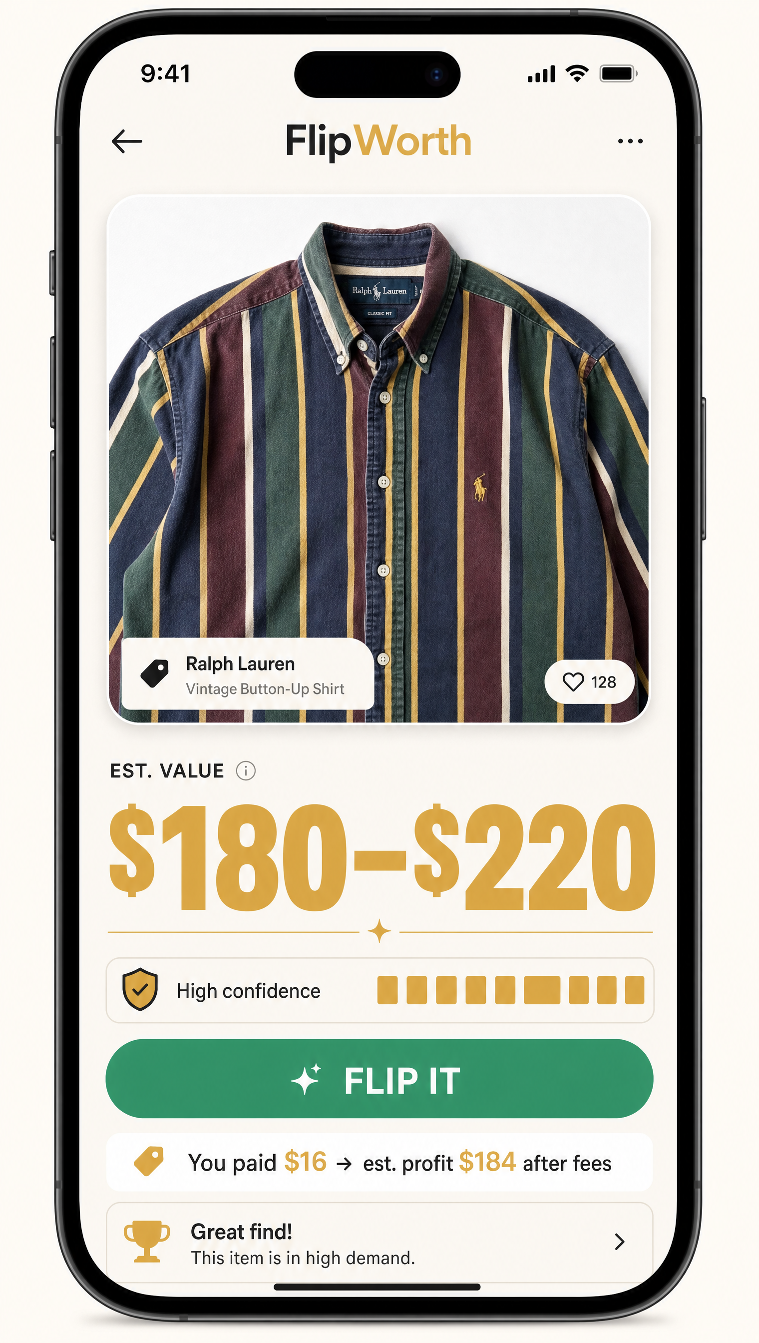 FlipWorth value reveal — this shirt is worth $180–$220, flip it