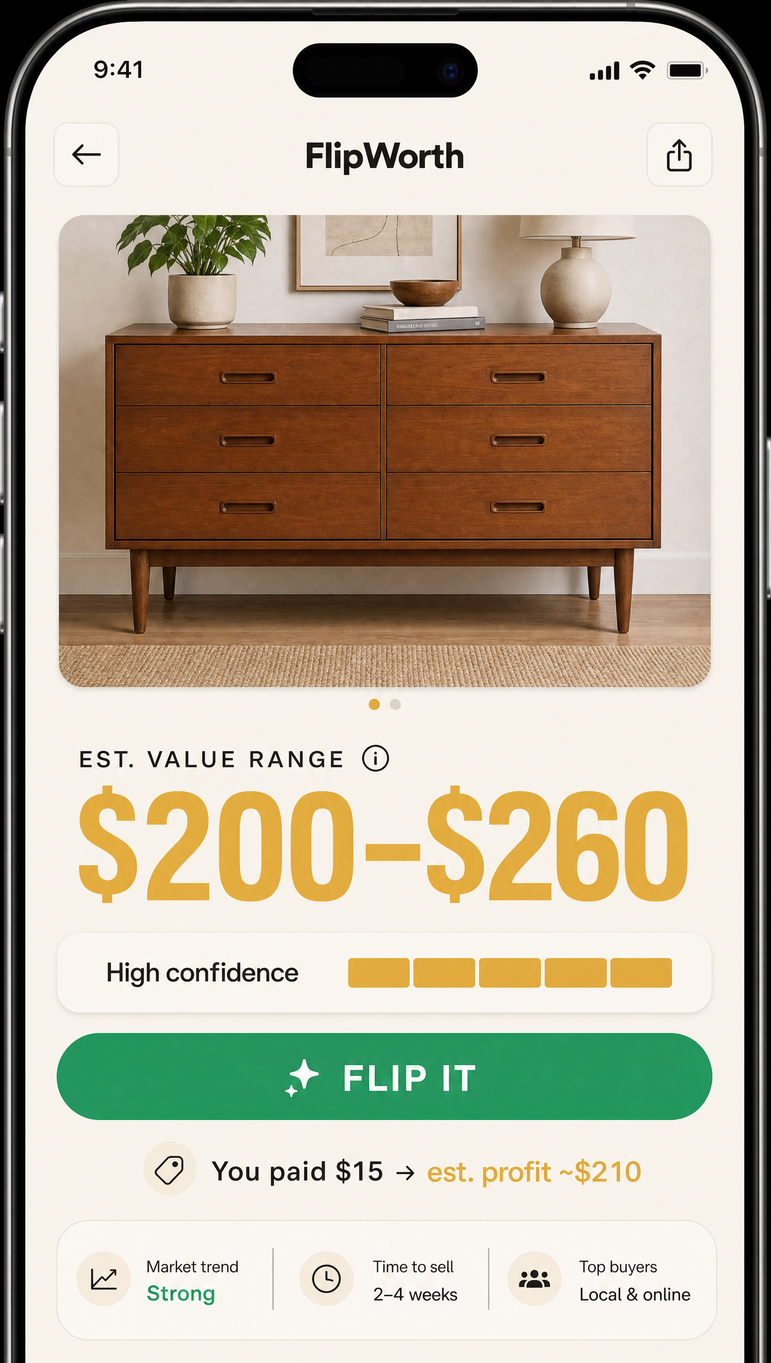 Furniture value reveal screen