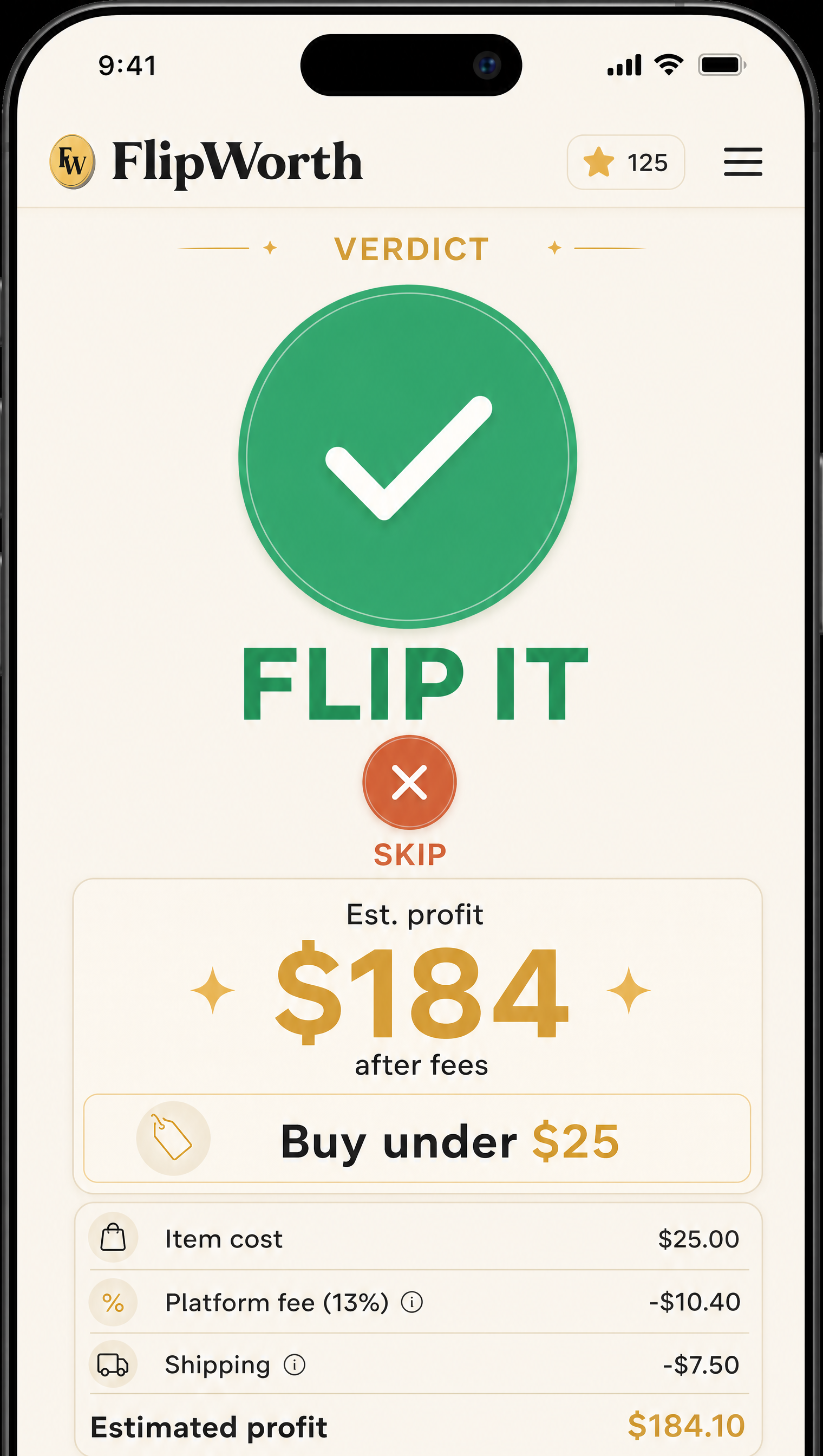 Buy or skip verdict screen
