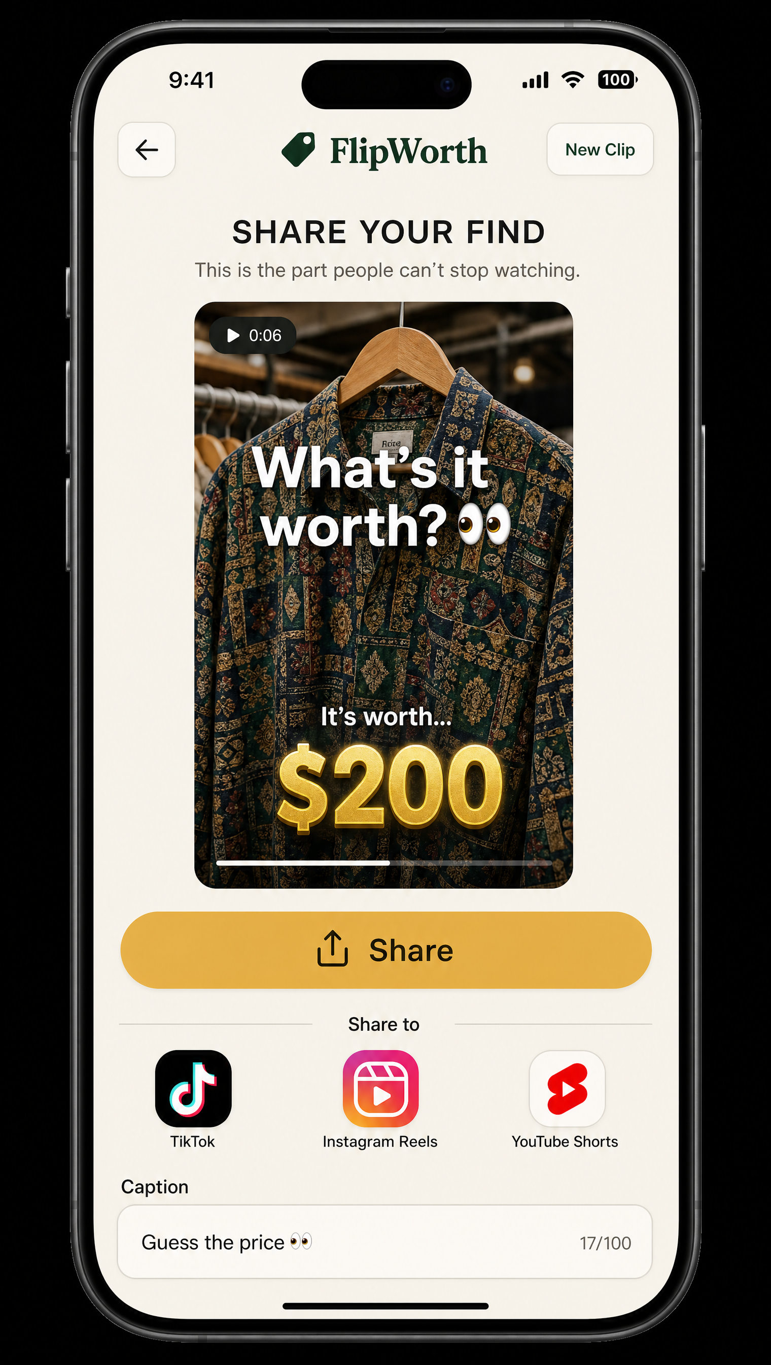 Shareable price-reveal clip screen