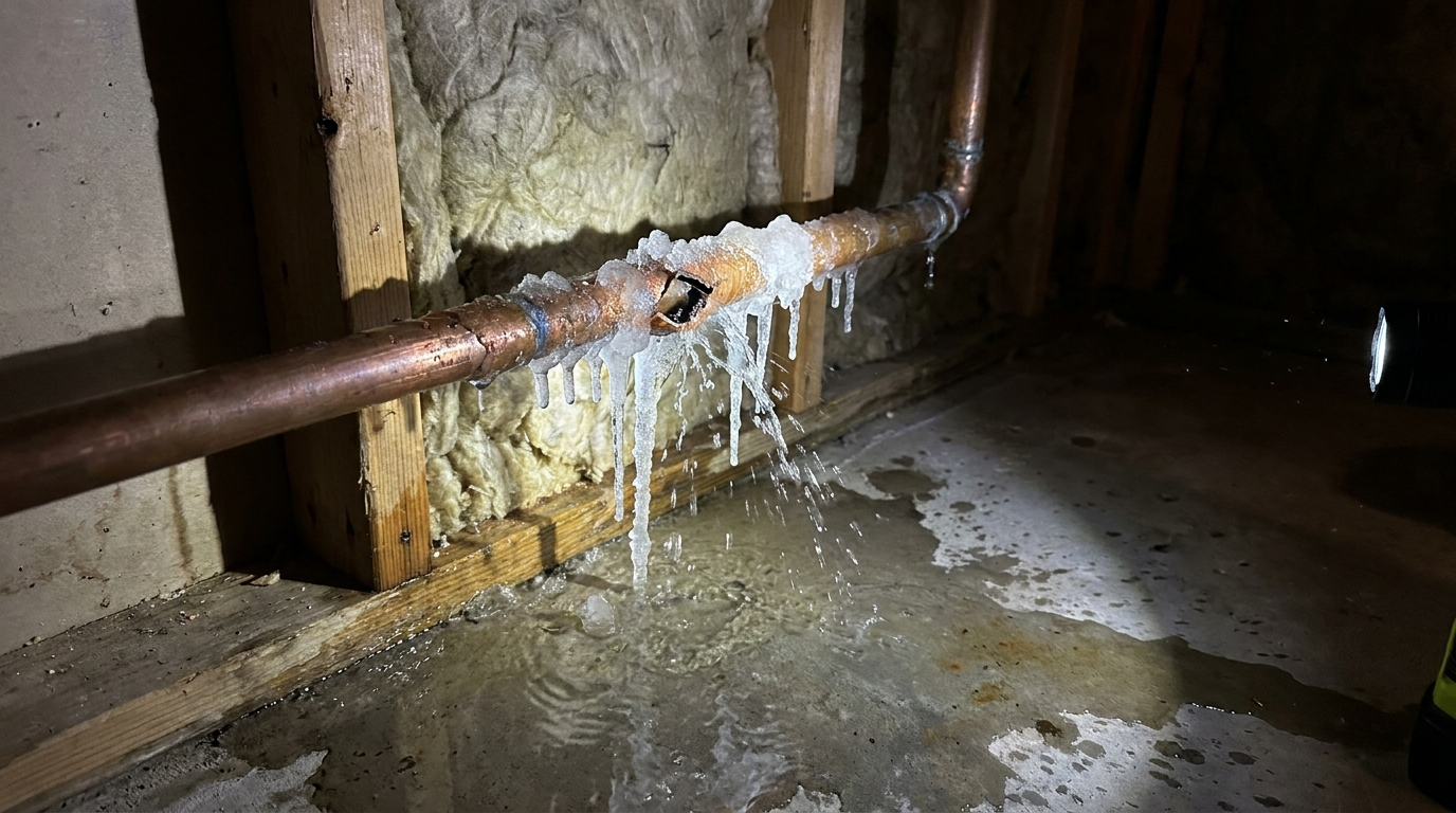 Frozen copper pipe that has burst and is leaking water in a Central Alberta basement