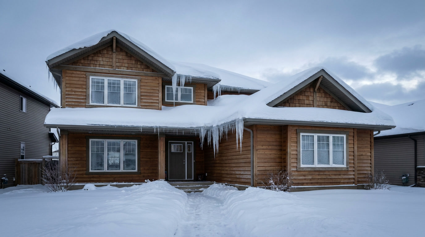 Central Alberta home in winter with heavy snow and ice dams on the roof, a common cause of winter water damage