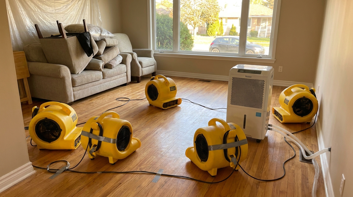 Professional yellow air movers and a dehumidifier drying a Central Alberta home after winter water damage