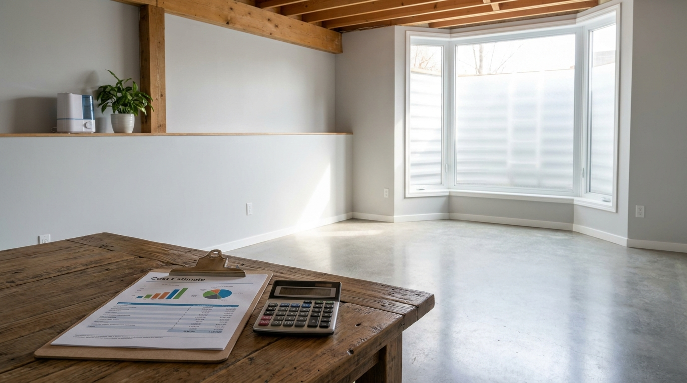 Clean restored basement with a written mould remediation cost estimate on the table in Central Alberta