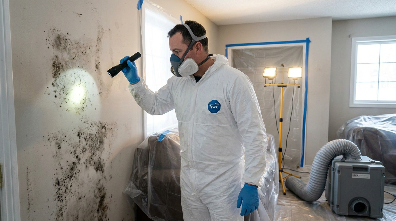 Certified mould remediation technician in protective gear inspecting mould in a Central Alberta home