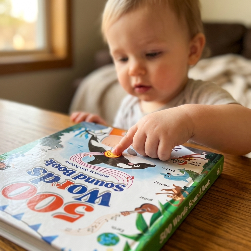A toddler tapping a word on the sound book