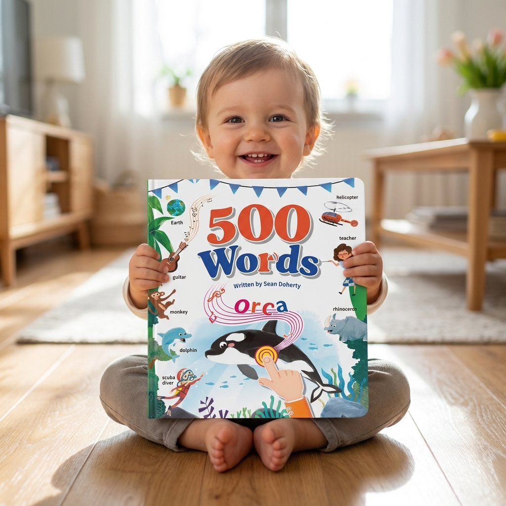 A toddler absorbed in the sound book