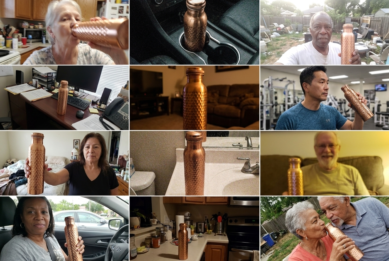 A wall of real customers drinking from the ionwell solid copper bottle.
