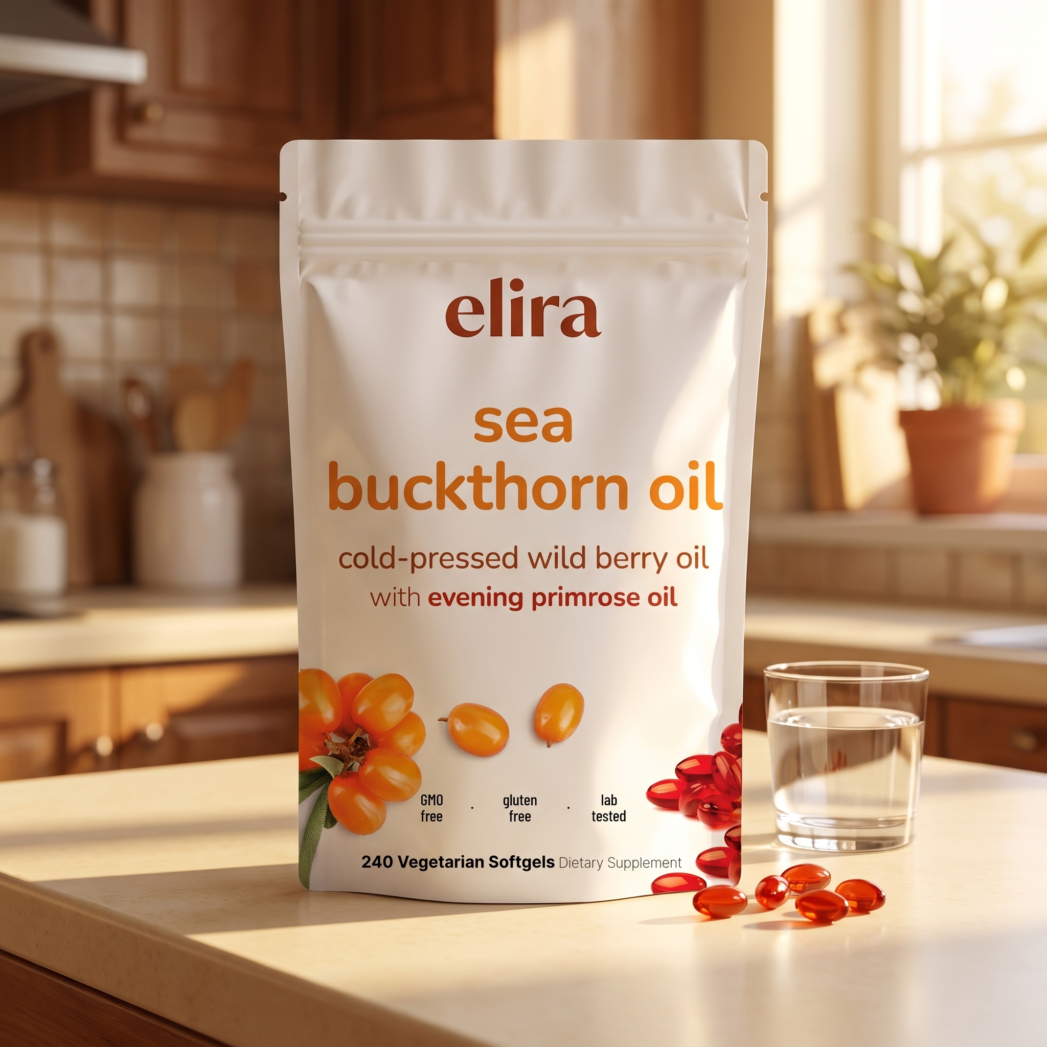 Elira Sea Buckthorn Oil on the kitchen counter