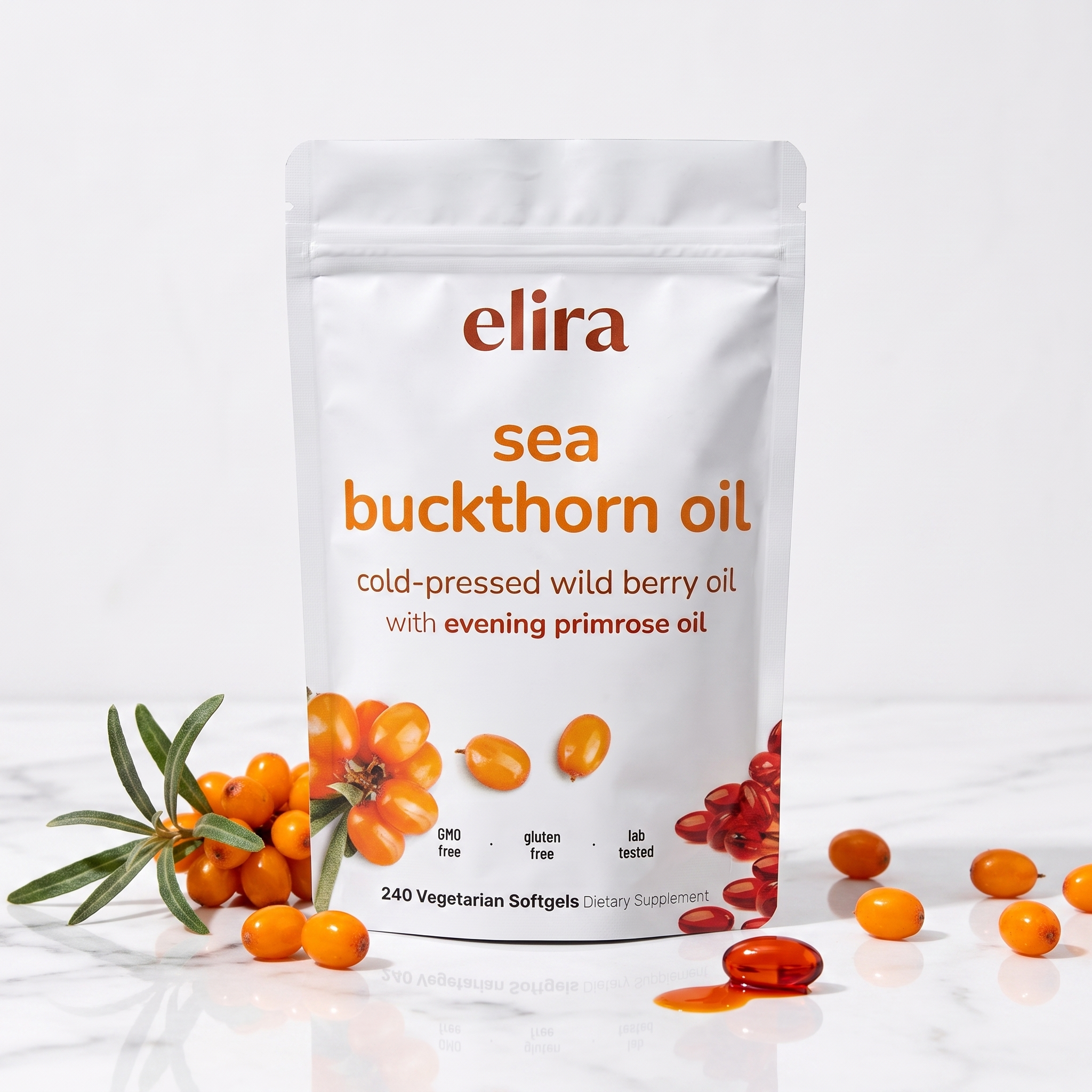 Sea buckthorn berries and a drop of deep orange oil