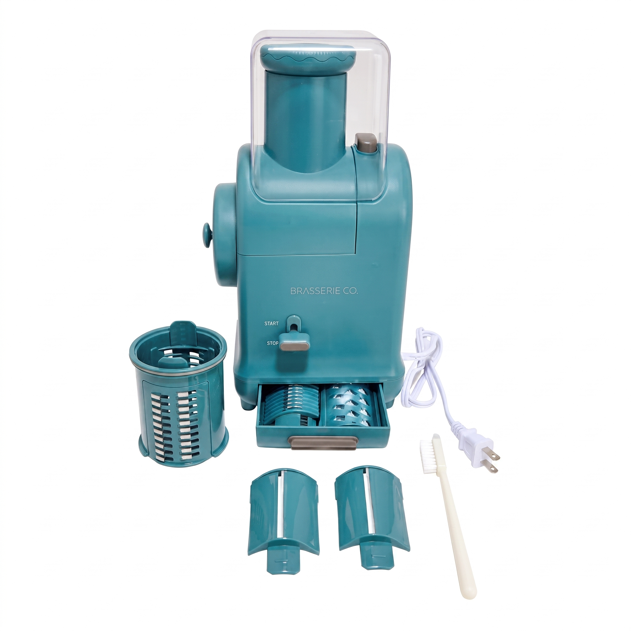 Motor base, drums, blade drawer, cleaning brush and cord