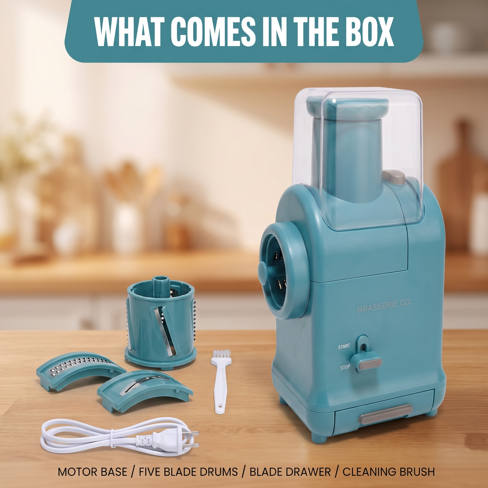 Everything in the box: motor base, drums, drawer, brush