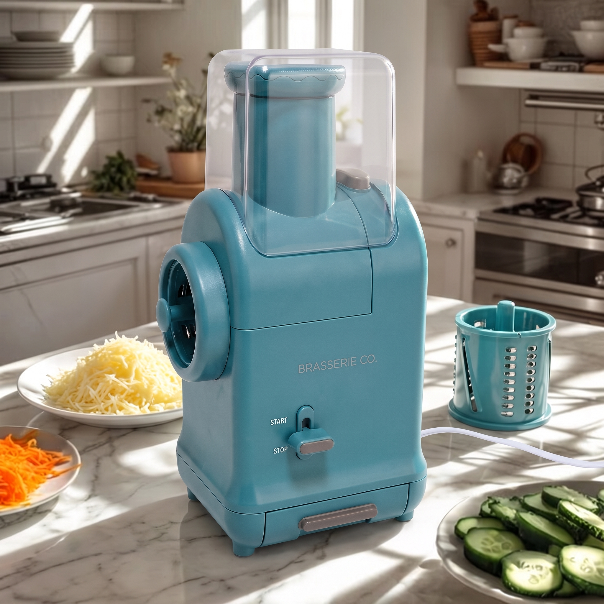 The mill on a marble counter with prepped food