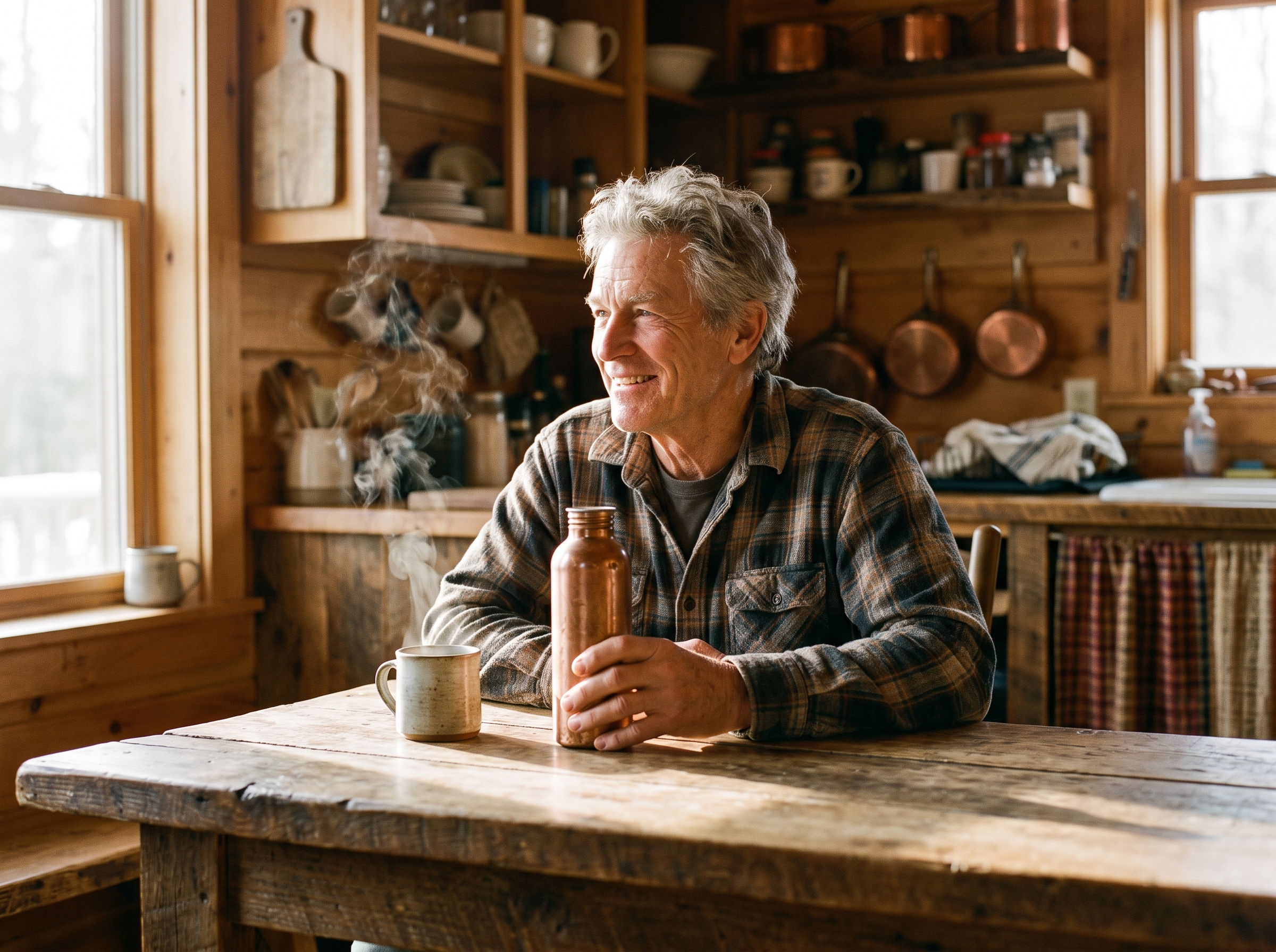 An older man clear-eyed and energized in warm morning light, holding a solid copper bottle.