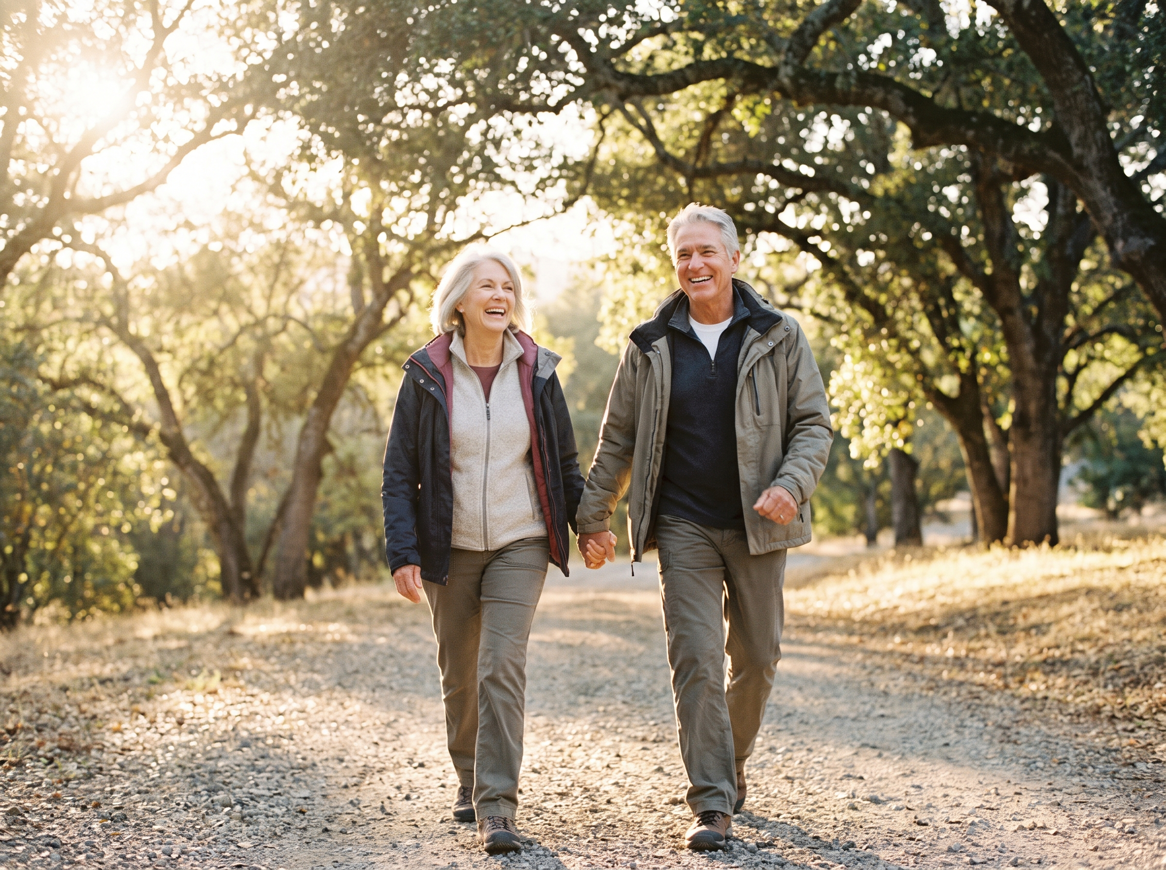 An active older couple walking freely and laughing outdoors at golden hour.