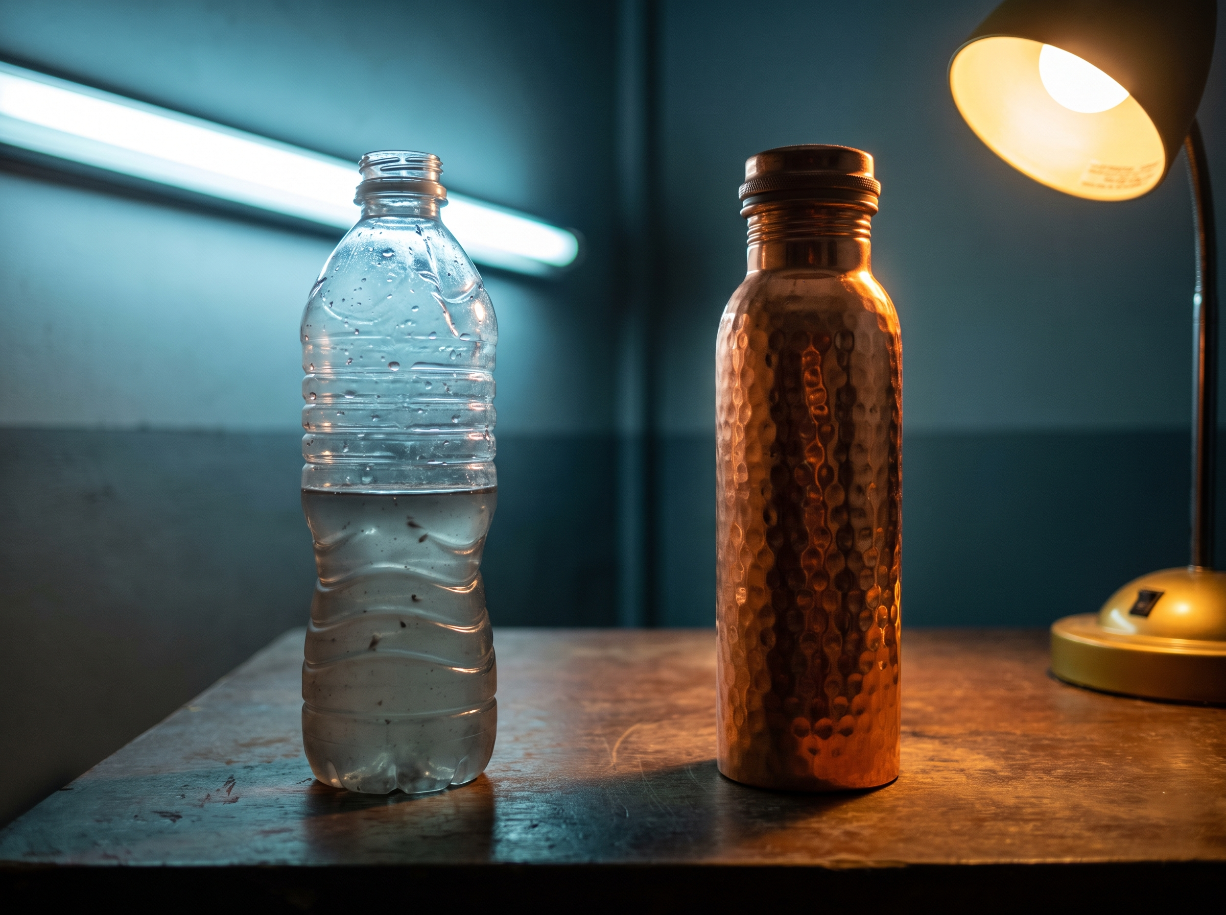 A cloudy plastic bottle beside a gleaming solid copper bottle, stark contrast.