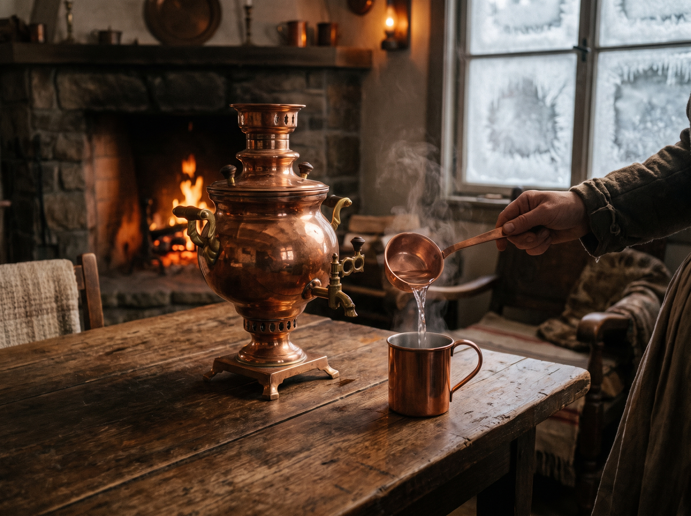 A solid copper samovar on an old farmhouse table, clear water being ladled into a cup.