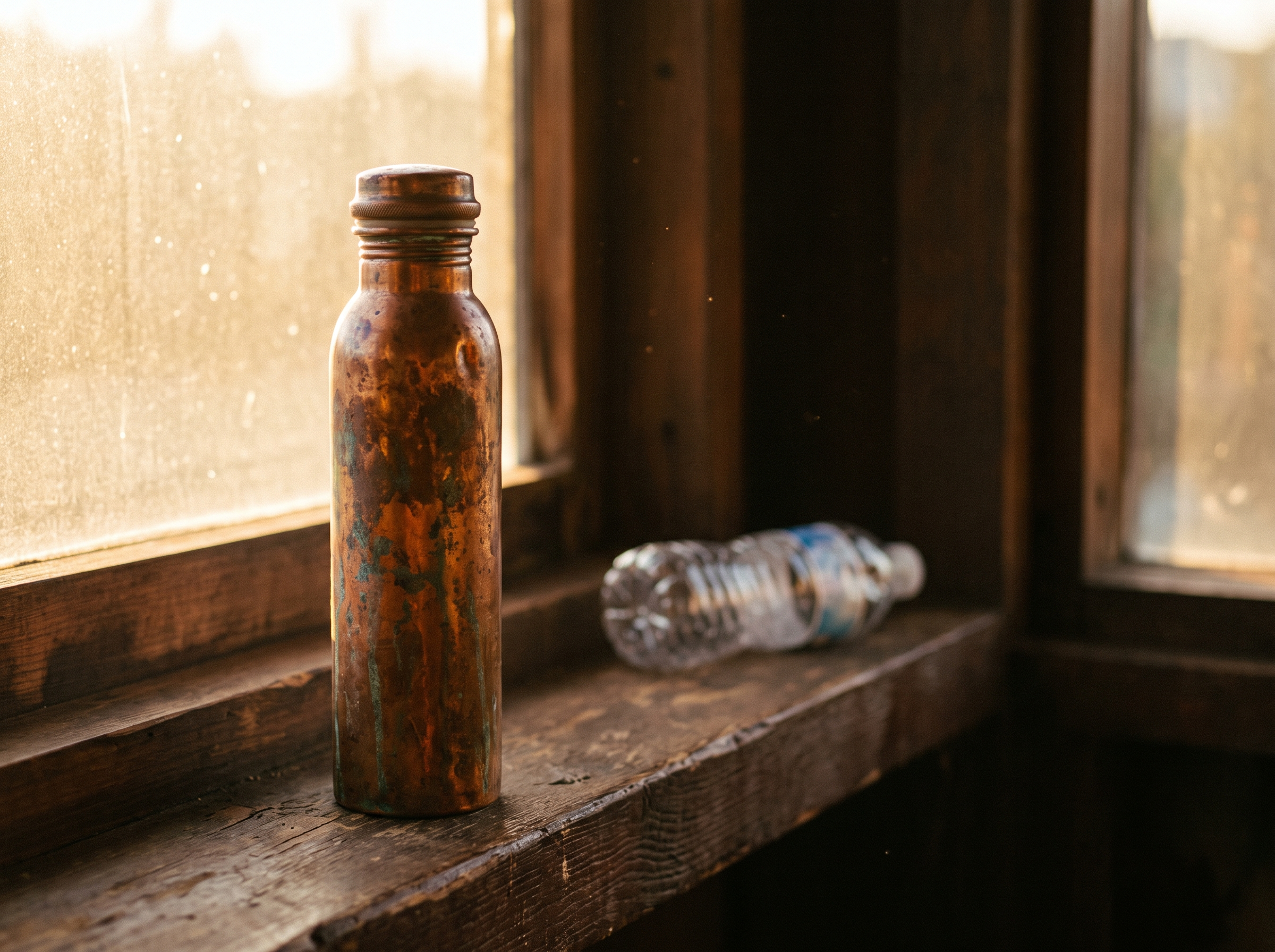 A solid copper bottle with a rich aged patina, heirloom feel, a discarded plastic bottle in shadow behind.